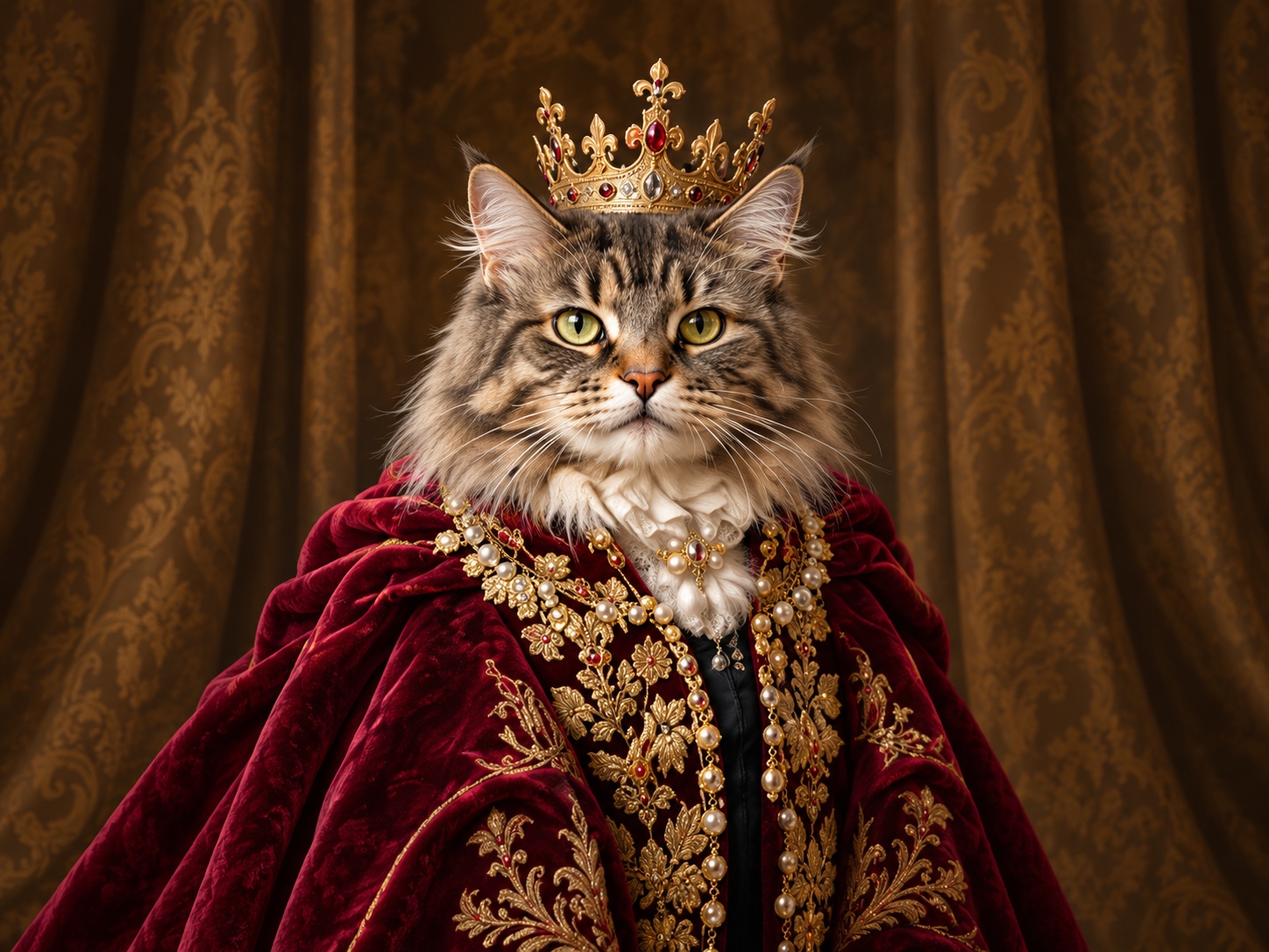 A royal cat wearing a crown and red regalia