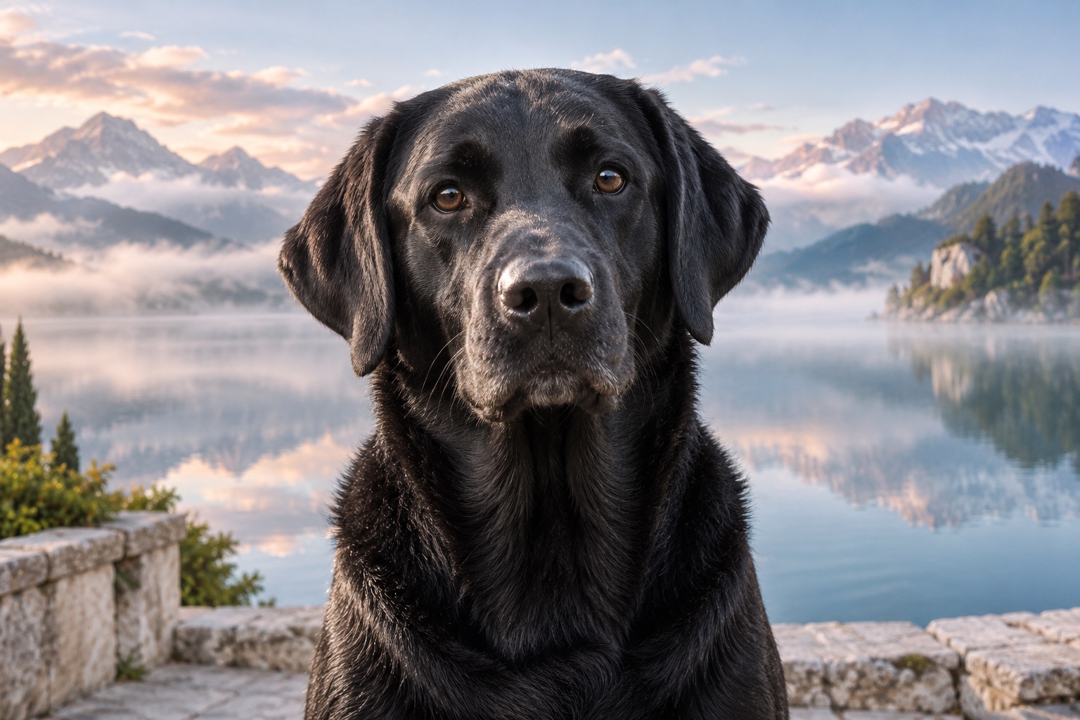 A black Labrador beside a mountain lake