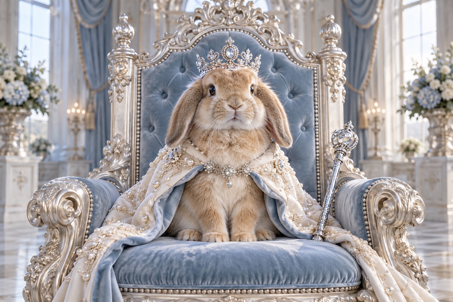 A queen rabbit wearing a crown and pale blue regalia, seated on an ornate throne